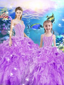 Lilac Sleeveless Organza Lace Up Quinceanera Gowns for Military Ball and Sweet 16 and Quinceanera