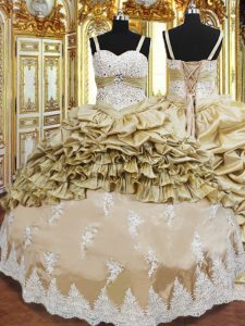 Best Champagne Ball Gowns Straps Sleeveless Taffeta Floor Length Lace Up Beading and Appliques and Ruffled Layers and Pi