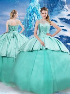 Extravagant Ball Gowns Sleeveless Turquoise Quinceanera Gown Brush Train Lace Up