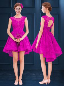 High Low Fuchsia Bridesmaid Dress Satin and Tulle Sleeveless Lace and Belt