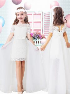 White Empire Chiffon and Lace Scoop Short Sleeves Lace and Bowknot Floor Length Clasp Handle Toddler Flower Girl Dress