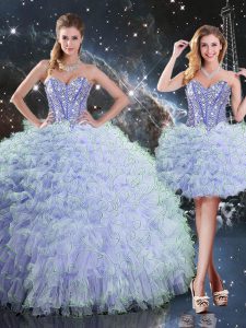 Excellent Lavender Organza Lace Up Sweetheart Sleeveless Floor Length Quinceanera Gowns Beading and Ruffles