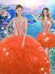 Fashion Floor Length Lace Up Sweet 16 Dresses Orange Red for Military Ball and Sweet 16 and Quinceanera with Beading and