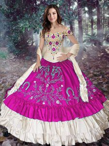 Admirable Off The Shoulder Sleeveless Taffeta Quinceanera Dress Embroidery and Ruffled Layers Lace Up