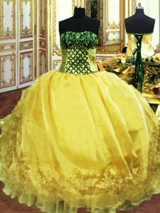 Ball Gowns Sweet 16 Quinceanera Dress Gold Sweetheart Organza Sleeveless Floor Length Lace Up