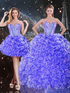 Floor Length Purple Ball Gown Prom Dress Organza Sleeveless Beading and Ruffles