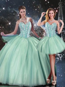 Custom Designed Floor Length Lace Up Vestidos de Quinceanera Turquoise for Military Ball and Sweet 16 and Quinceanera wi