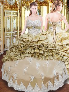 Champagne Straps Lace Up Beading and Appliques and Ruffled Layers and Pick Ups Quinceanera Dresses Sleeveless