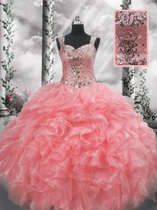 Eye-catching Watermelon Red Sleeveless Beading and Ruffles Floor Length Quinceanera Gown