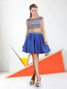 Customized Mini Length Blue Dress for Prom Satin Sleeveless Beading