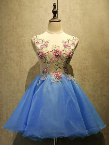 Scoop Sleeveless Prom Evening Gown Mini Length Embroidery Blue Organza