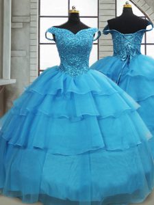 Baby Blue Sleeveless Organza Brush Train Lace Up Sweet 16 Dress for Military Ball and Sweet 16 and Quinceanera