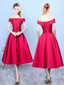 Superior Wine Red Taffeta Lace Up Wedding Party Dress Cap Sleeves Tea Length Appliques