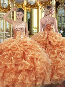 Discount Orange Ball Gowns One Shoulder Sleeveless Organza Floor Length Lace Up Beading and Ruffles Quinceanera Gown