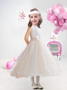 Fashion Champagne Flower Girl Dress Party and Wedding Party with Hand Made Flower Scoop Sleeveless Clasp Handle