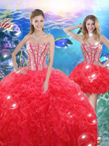 Great Coral Red Lace Up Sweetheart Beading and Ruffles 15 Quinceanera Dress Organza Sleeveless