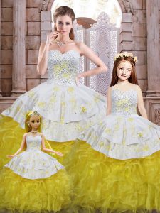 On Sale Sweetheart Sleeveless Lace Up Quinceanera Gown Yellow And White Organza