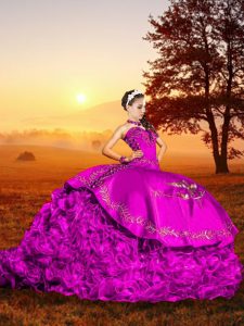 Sleeveless Organza Brush Train Lace Up Sweet 16 Quinceanera Dress in Fuchsia with Embroidery and Ruffles
