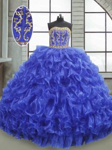 Sleeveless Floor Length Beading and Appliques and Ruffles Lace Up Sweet 16 Dress with Royal Blue