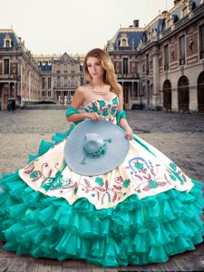 Unique Floor Length Turquoise Quinceanera Gown Sweetheart Sleeveless Lace Up