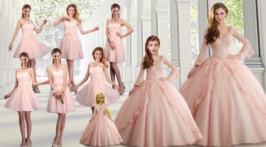 Smart Peach Lace Up V-neck Lace Quince Ball Gowns Tulle Long Sleeves