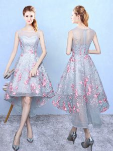 Stylish Organza Sleeveless High Low Bridesmaids Dress and Embroidery