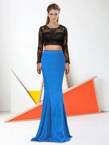 Adorable Blue And Black Elastic Woven Satin Clasp Handle Prom Party Dress Long Sleeves Floor Length Lace