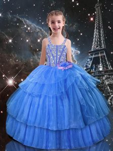 High Class Sleeveless Floor Length Beading and Ruffled Layers Lace Up Little Girl Pageant Gowns with Light Blue