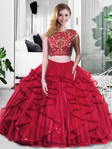 Wine Red Scoop Neckline Lace and Ruffles Sweet 16 Dresses Sleeveless Zipper