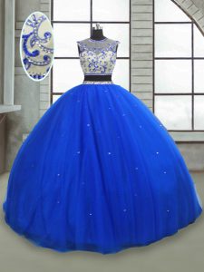 Royal Blue Tulle Lace Up Quinceanera Dresses Sleeveless Floor Length Beading