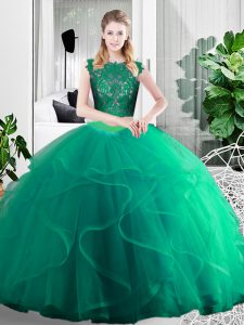 Most Popular Turquoise Two Pieces Lace and Ruffles Quinceanera Dress Zipper Tulle Sleeveless Floor Length