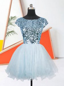 Popular Light Blue Short Sleeves Mini Length Sequins Lace Up Prom Dress