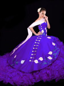 Purple Sleeveless Organza Brush Train Lace Up Quinceanera Dresses for Military Ball and Sweet 16 and Quinceanera