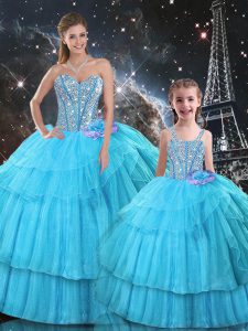 Aqua Blue Sweetheart Lace Up Ruffled Layers and Sequins Ball Gown Prom Dress Sleeveless