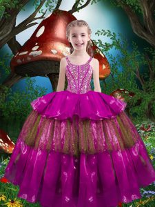 Straps Sleeveless Pageant Dress for Teens Floor Length Beading and Ruffled Layers Fuchsia Organza