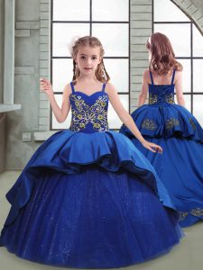 Modern Embroidery Little Girls Pageant Dress Wholesale Royal Blue Lace Up Sleeveless Brush Train