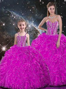 Graceful Floor Length Ball Gowns Sleeveless Fuchsia Sweet 16 Dress Lace Up