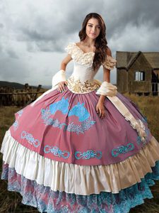 Sleeveless Embroidery and Ruffled Layers Lace Up 15th Birthday Dress with Multi-color Brush Train