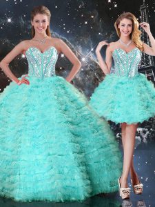 Cheap Floor Length Lace Up 15th Birthday Dress Turquoise for Military Ball and Sweet 16 and Quinceanera with Beading and