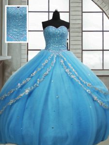 Tulle Sweetheart Sleeveless Lace Up Beading and Appliques and Sequins Quince Ball Gowns in Baby Blue
