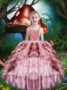 Beading and Ruffles and Ruffled Layers Kids Pageant Dress Baby Pink Lace Up Sleeveless Floor Length