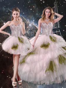 Excellent Sleeveless Floor Length Beading and Ruffled Layers and Sequins Lace Up Sweet 16 Dresses with Champagne