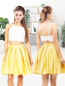 Yellow And White Two Pieces Taffeta Spaghetti Straps Sleeveless Lace and Ruching Mini Length Zipper Prom Dress