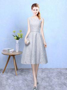 High Class Sleeveless Tea Length Lace Zipper Bridesmaid Dresses with Grey