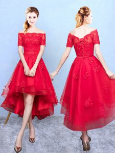Best Selling A-line Bridesmaids Dress Wine Red Off The Shoulder Organza Half Sleeves High Low Lace Up