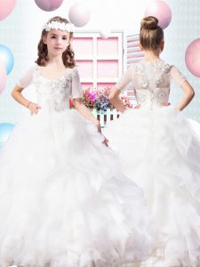 V-neck Short Sleeves Tulle Kids Pageant Dress Appliques and Ruffles Lace Up