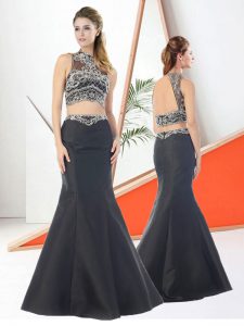 Edgy High-neck Sleeveless Sweep Train Backless Prom Evening Gown Black Satin