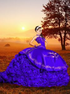 Sleeveless Organza Brush Train Lace Up Quinceanera Dress in Purple with Embroidery and Ruffles