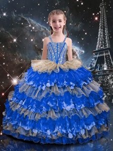 Straps Sleeveless Pageant Dress for Girls Floor Length Beading and Ruffled Layers Multi-color Organza