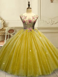 Affordable Gold Lace Up Scoop Appliques and Sequins Sweet 16 Quinceanera Dress Tulle Sleeveless